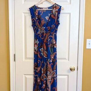 Philosophy Dresses Blue Paisley Maxi Dress Sleeveless V-Neck Stretch Waist Size